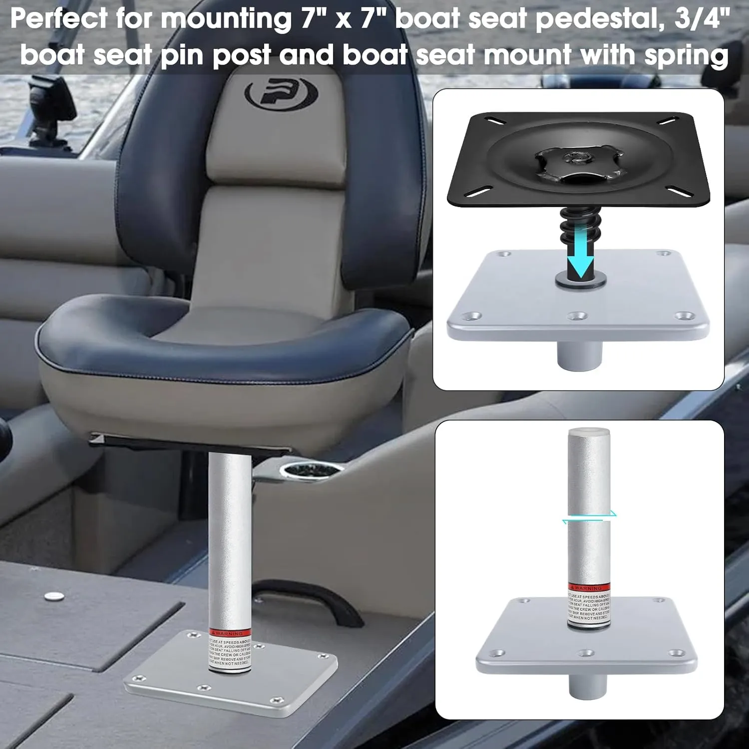 Boat Seat Pedestal Base Mount Kit Package with Lock in 3/4" Boat Seat Pin Post & 7" x 7" Marine Base Pedestal Plate & Mount for Marine Pontoon Fishing Bass