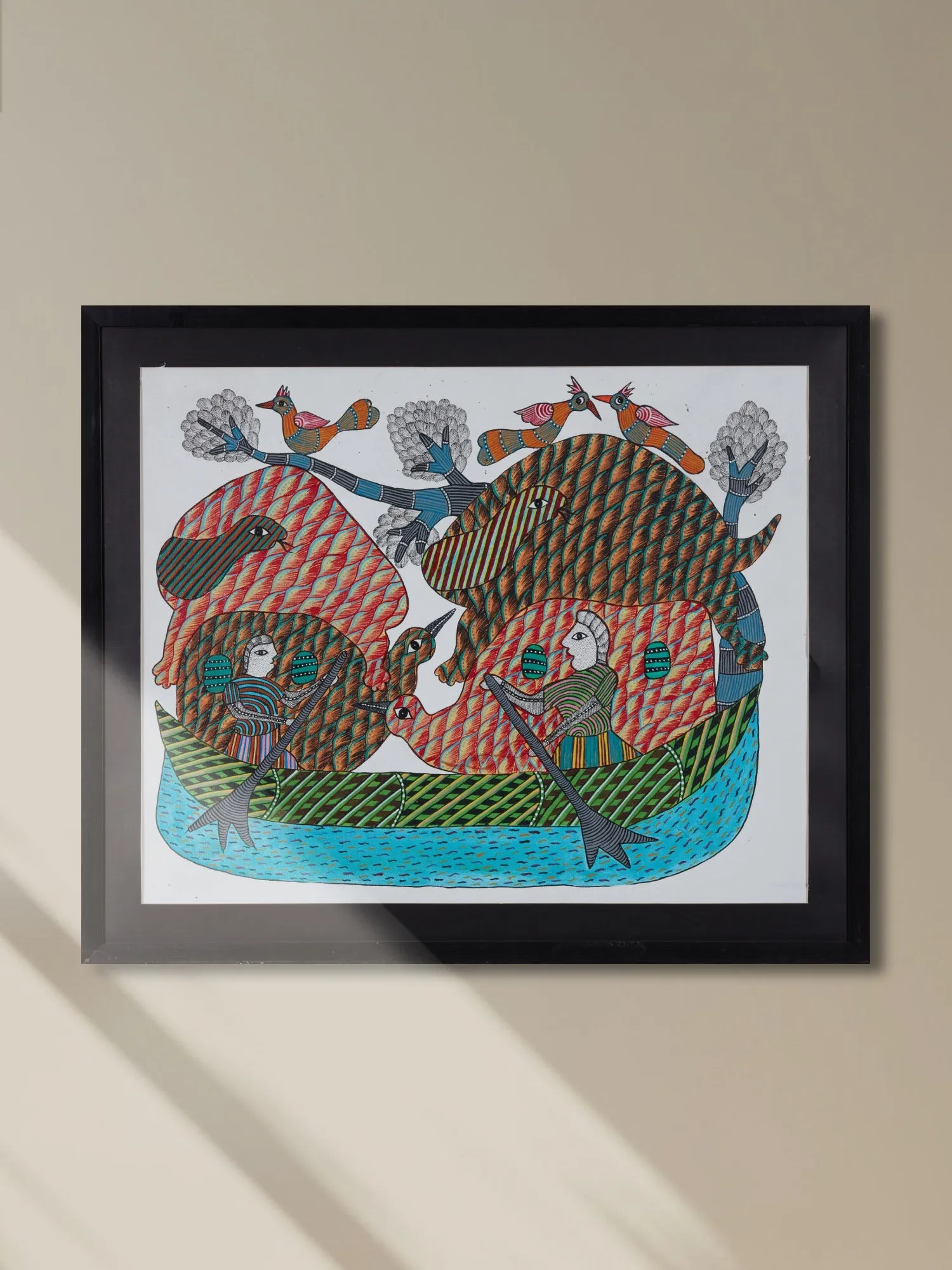 Boating Amid Nature in Gond art by Baaya