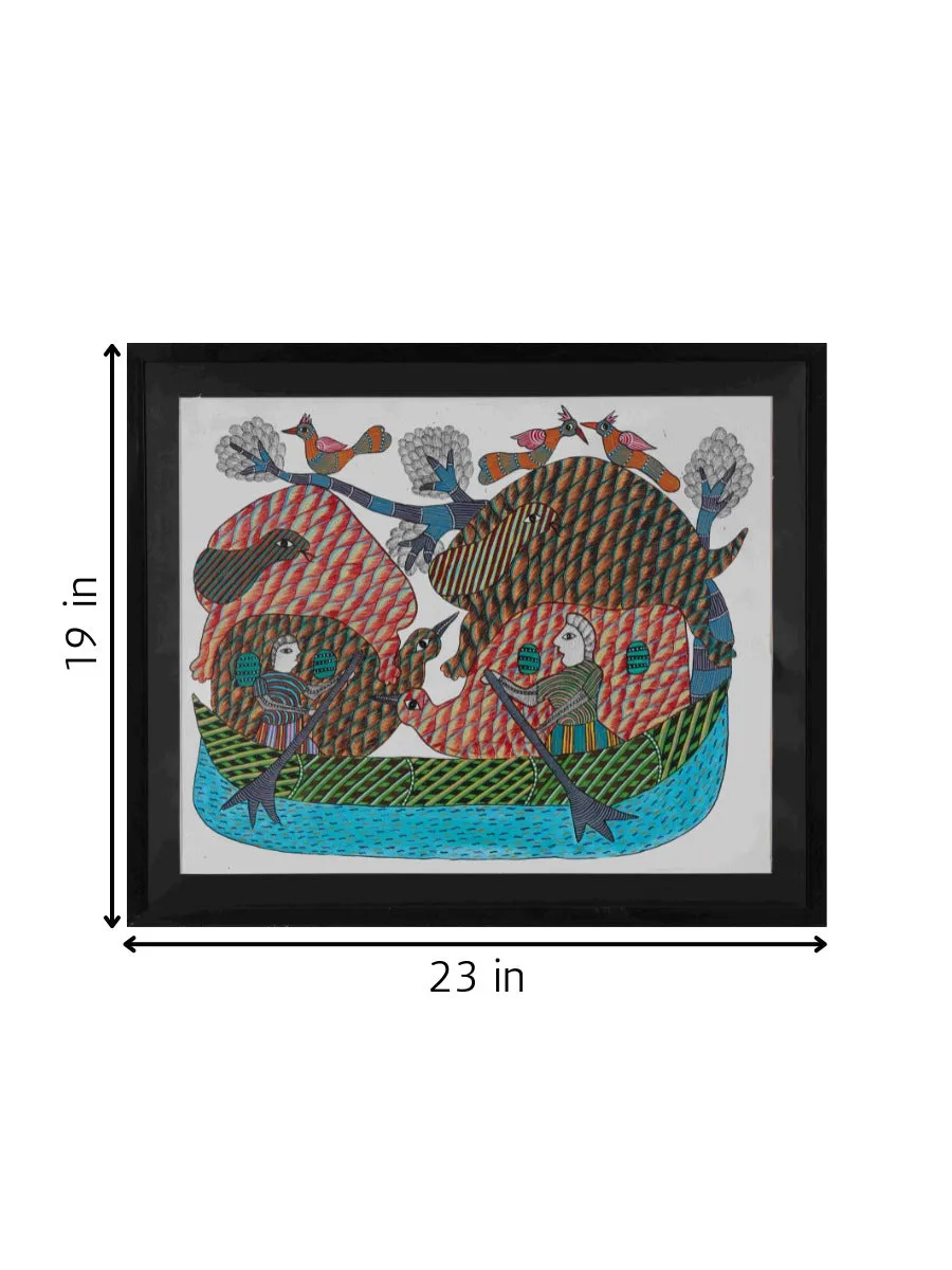 Boating Amid Nature in Gond art by Baaya