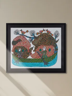 Boating Amid Nature in Gond art by Baaya