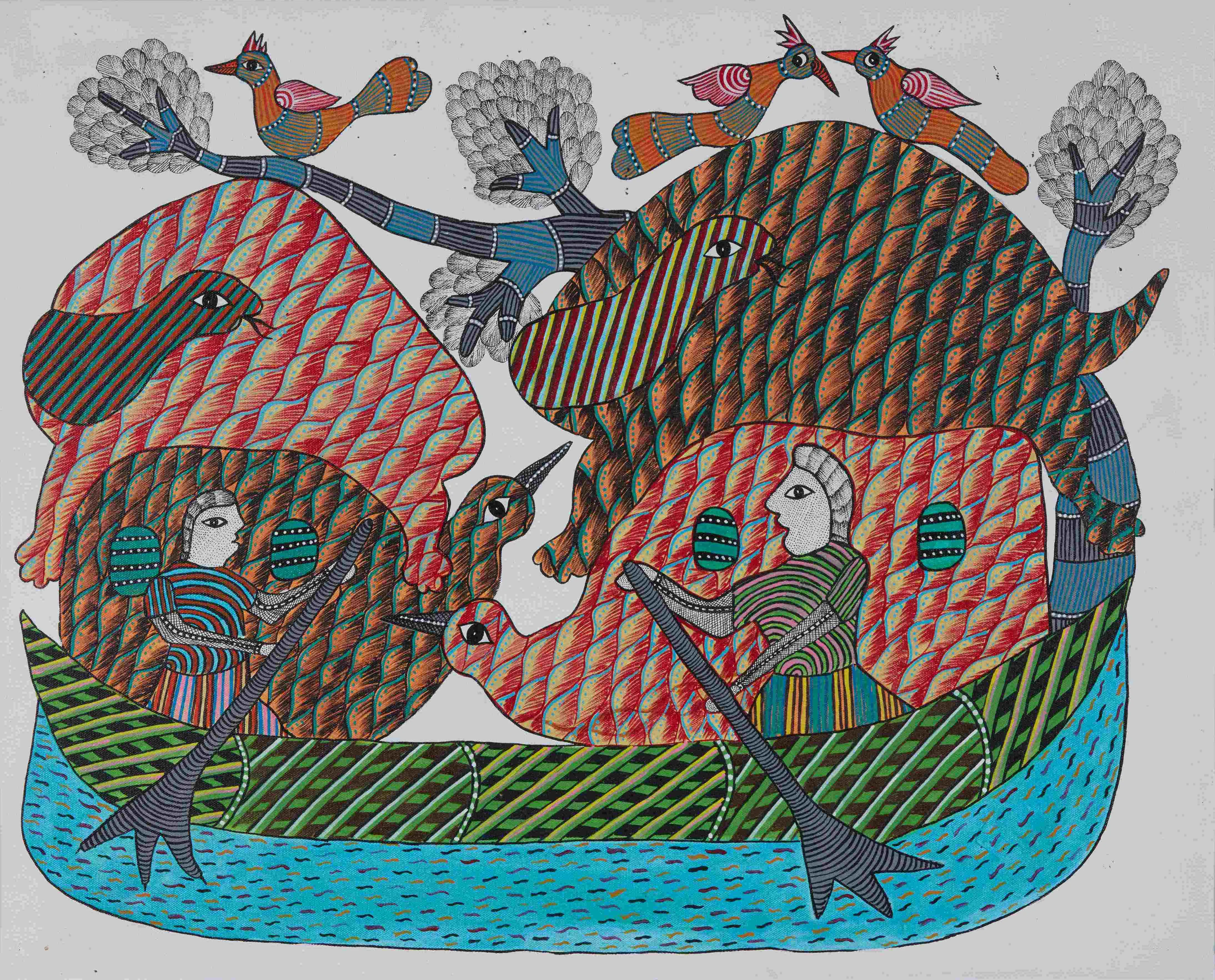 Boating Amid Nature in Gond art by Baaya