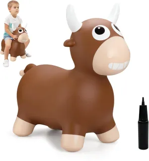 Bouncy Bull Hopping Toys, Inflatable Brown Bouncy Horse Animal Hopper for Toddles 1-3, Outdoor Indoor Bouncing and Riding Toys for Boys Girls, Birthday Gifts for 18 Months 2 3 4 5 6 Yrs w/Pump
