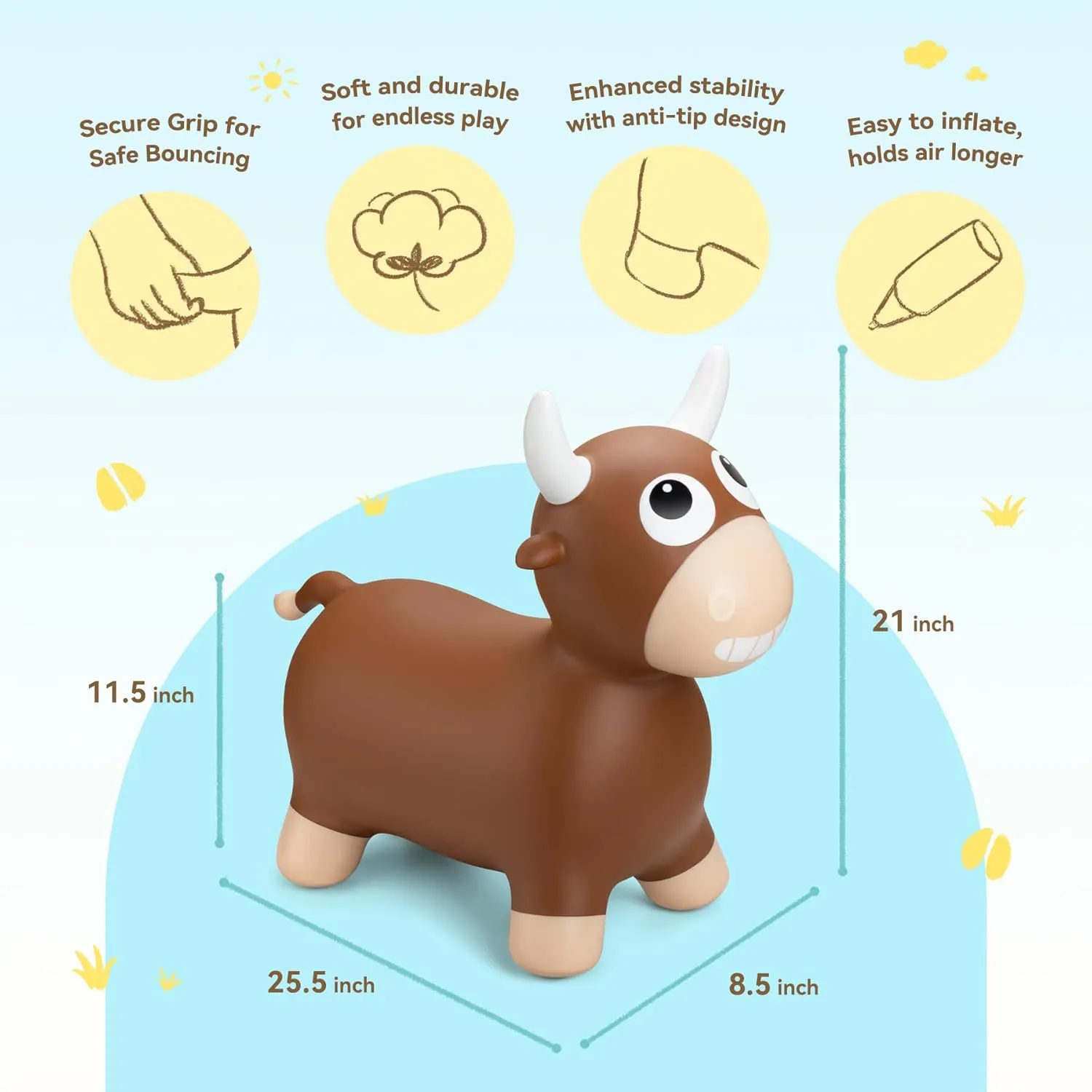 Bouncy Bull Hopping Toys, Inflatable Brown Bouncy Horse Animal Hopper for Toddles 1-3, Outdoor Indoor Bouncing and Riding Toys for Boys Girls, Birthday Gifts for 18 Months 2 3 4 5 6 Yrs w/Pump