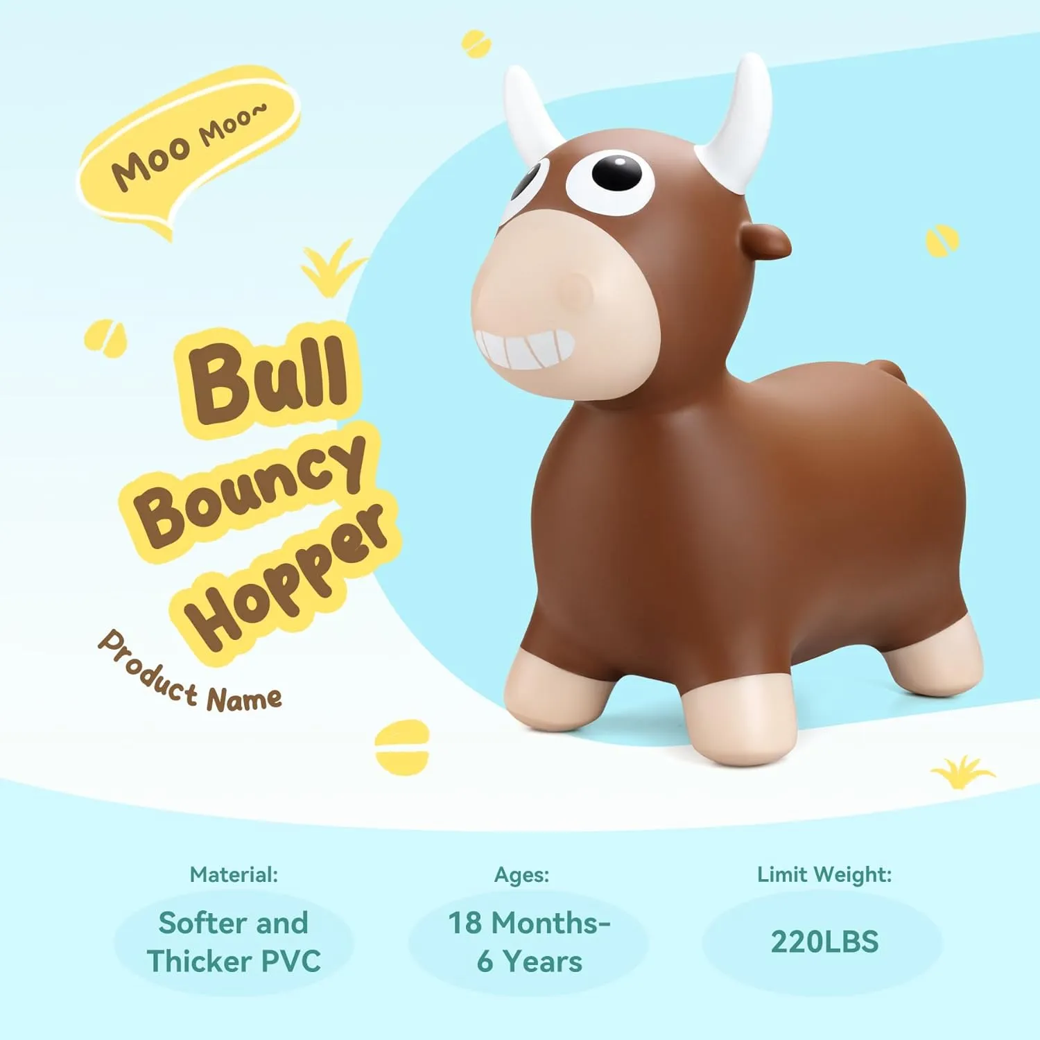 Bouncy Bull Hopping Toys, Inflatable Brown Bouncy Horse Animal Hopper for Toddles 1-3, Outdoor Indoor Bouncing and Riding Toys for Boys Girls, Birthday Gifts for 18 Months 2 3 4 5 6 Yrs w/Pump