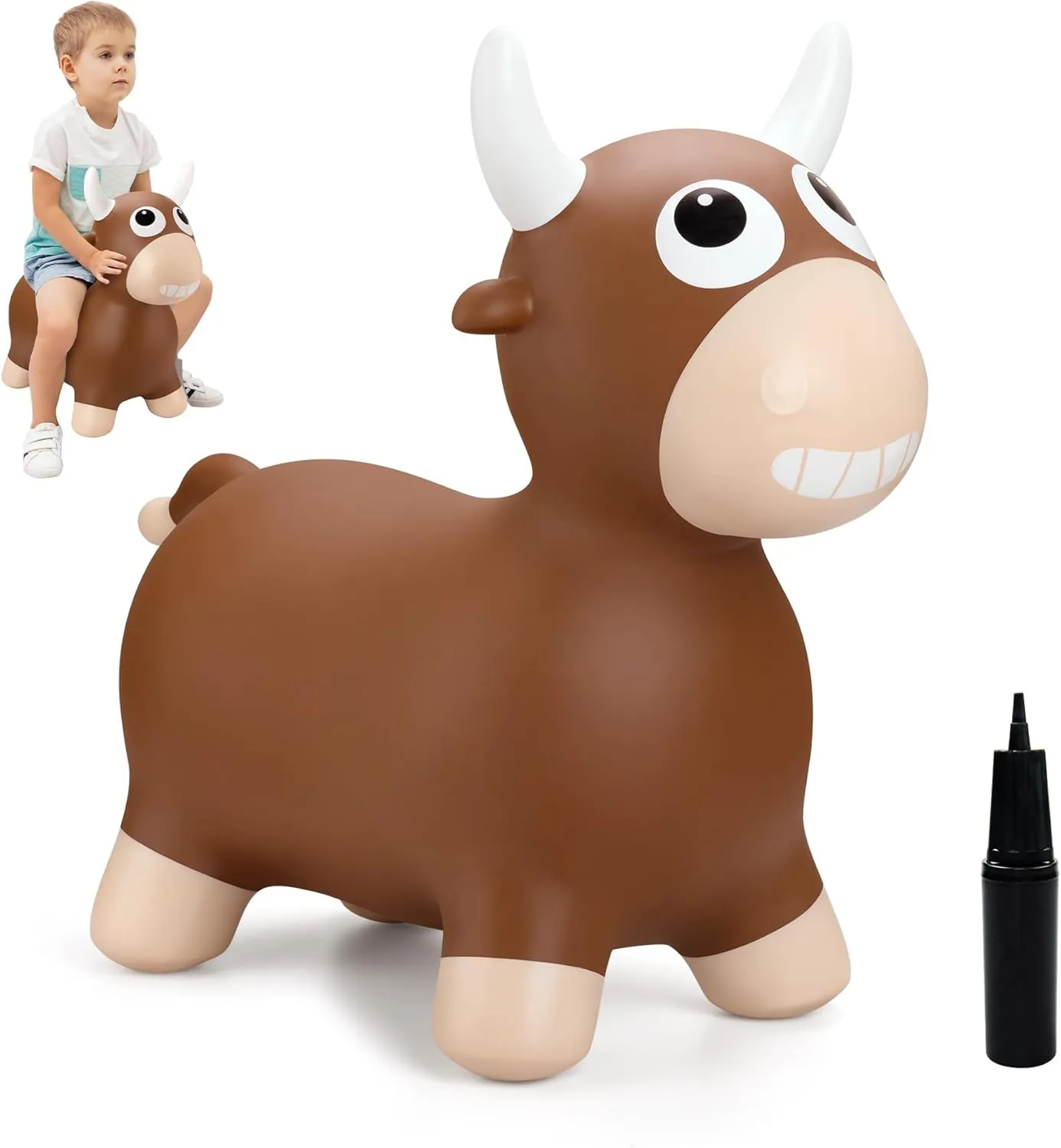 Bouncy Bull Hopping Toys, Inflatable Brown Bouncy Horse Animal Hopper for Toddles 1-3, Outdoor Indoor Bouncing and Riding Toys for Boys Girls, Birthday Gifts for 18 Months 2 3 4 5 6 Yrs w/Pump