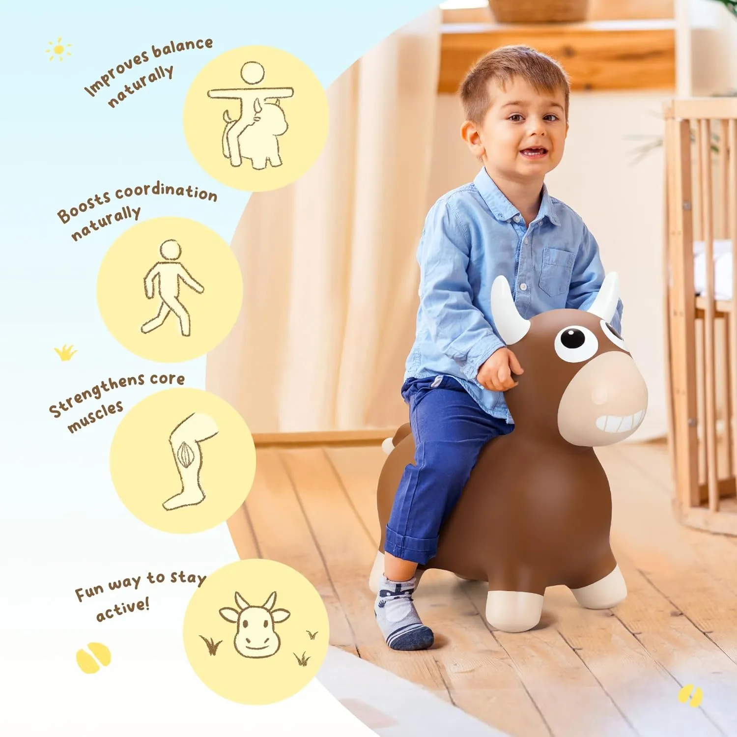 Bouncy Bull Hopping Toys, Inflatable Brown Bouncy Horse Animal Hopper for Toddles 1-3, Outdoor Indoor Bouncing and Riding Toys for Boys Girls, Birthday Gifts for 18 Months 2 3 4 5 6 Yrs w/Pump