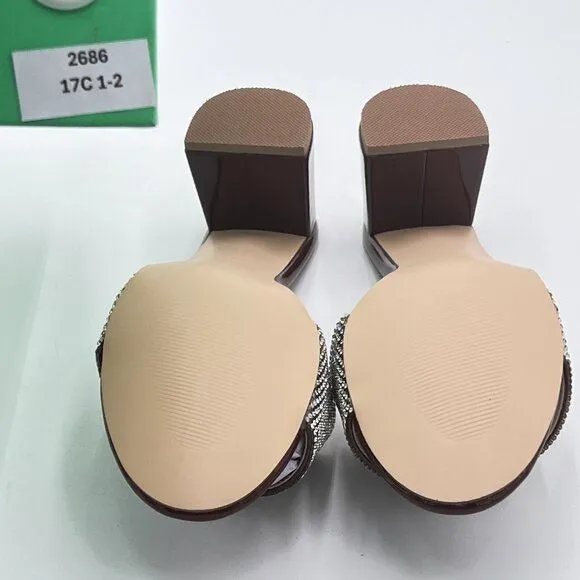 Brown Comfy Open Toe Rhinestones Slip On Mule Mid Chunky Heel Slide Sandals