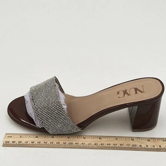 Brown Comfy Open Toe Rhinestones Slip On Mule Mid Chunky Heel Slide Sandals