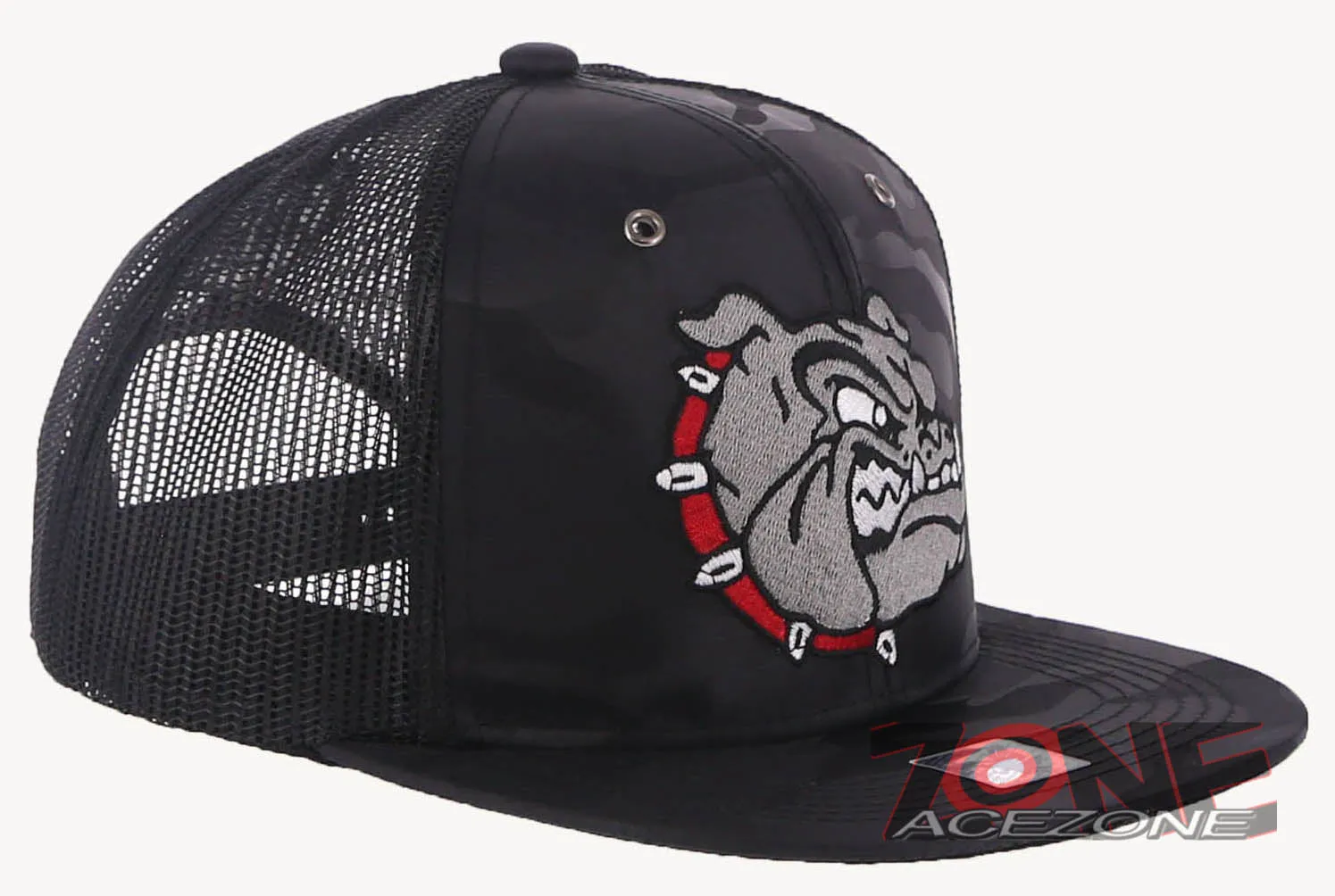 BULLDOG HEAD MESH SNAPBACK FLAT BILL BASEBALL CAP HAT CAMOUFLAGE BLACK