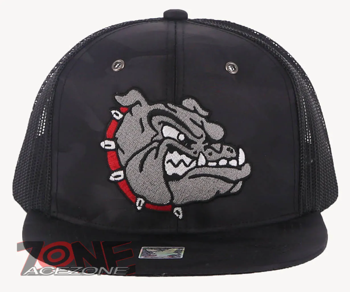 BULLDOG HEAD MESH SNAPBACK FLAT BILL BASEBALL CAP HAT CAMOUFLAGE BLACK