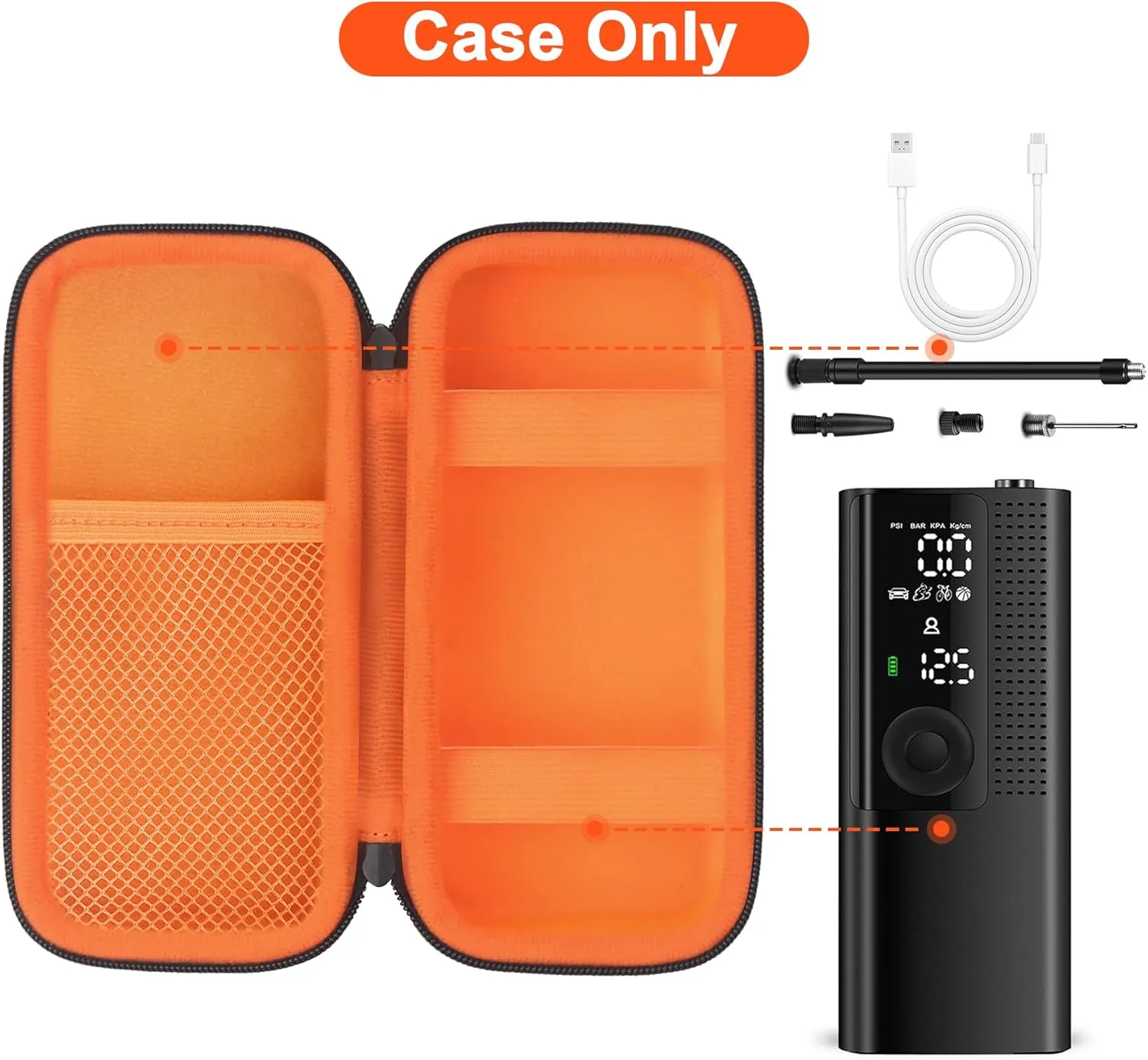 Canboc Carrying Case Compatible with Air moto Tire Inflator Portable Air Compressor, Air Pump for Car Tires Travel Bag, Mesh Pocket fit Air Hose, USB Cable and Accessories, Black Orange (Case Only)