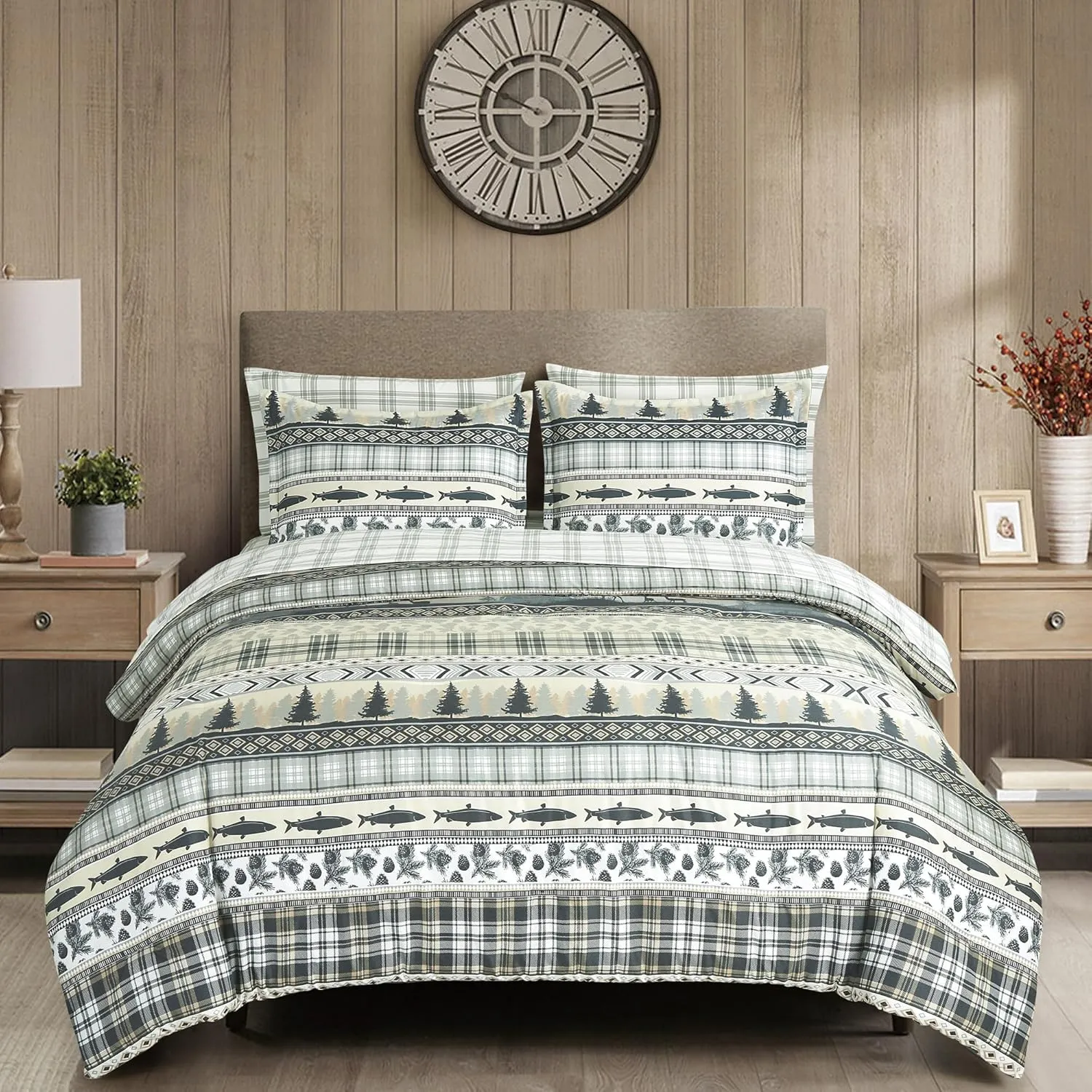 Chezmoi Collection Ridge 7-Piece Northwest Cabin Lodge Bed in a Bag Queen Comforter Set - Multicolor Pine Tree Fish Deer Printed Microfiber Bedding Set