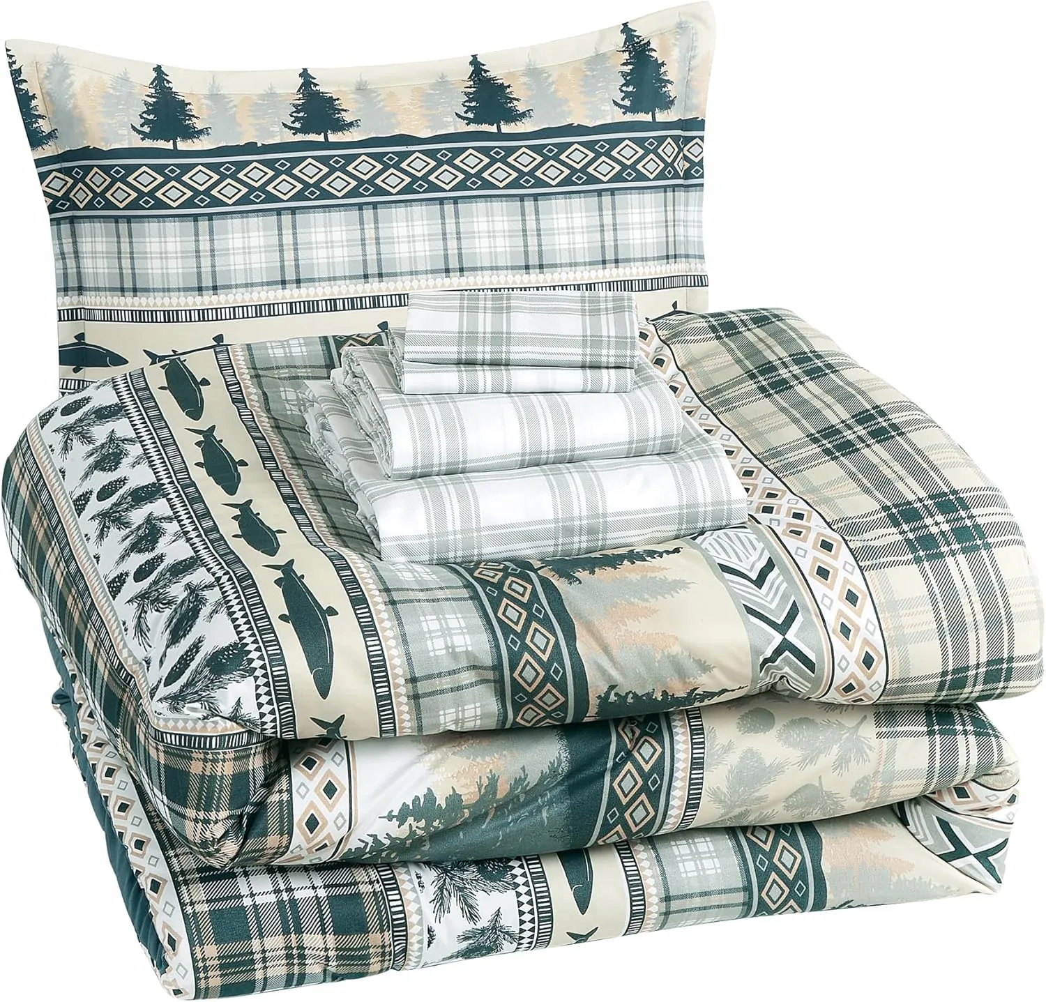 Chezmoi Collection Ridge 7-Piece Northwest Cabin Lodge Bed in a Bag Queen Comforter Set - Multicolor Pine Tree Fish Deer Printed Microfiber Bedding Set