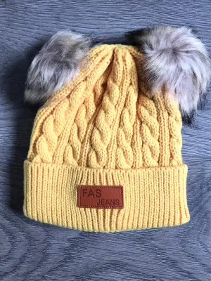 Children’s Yellow Double Pom Pom Hat - age 2-4ish