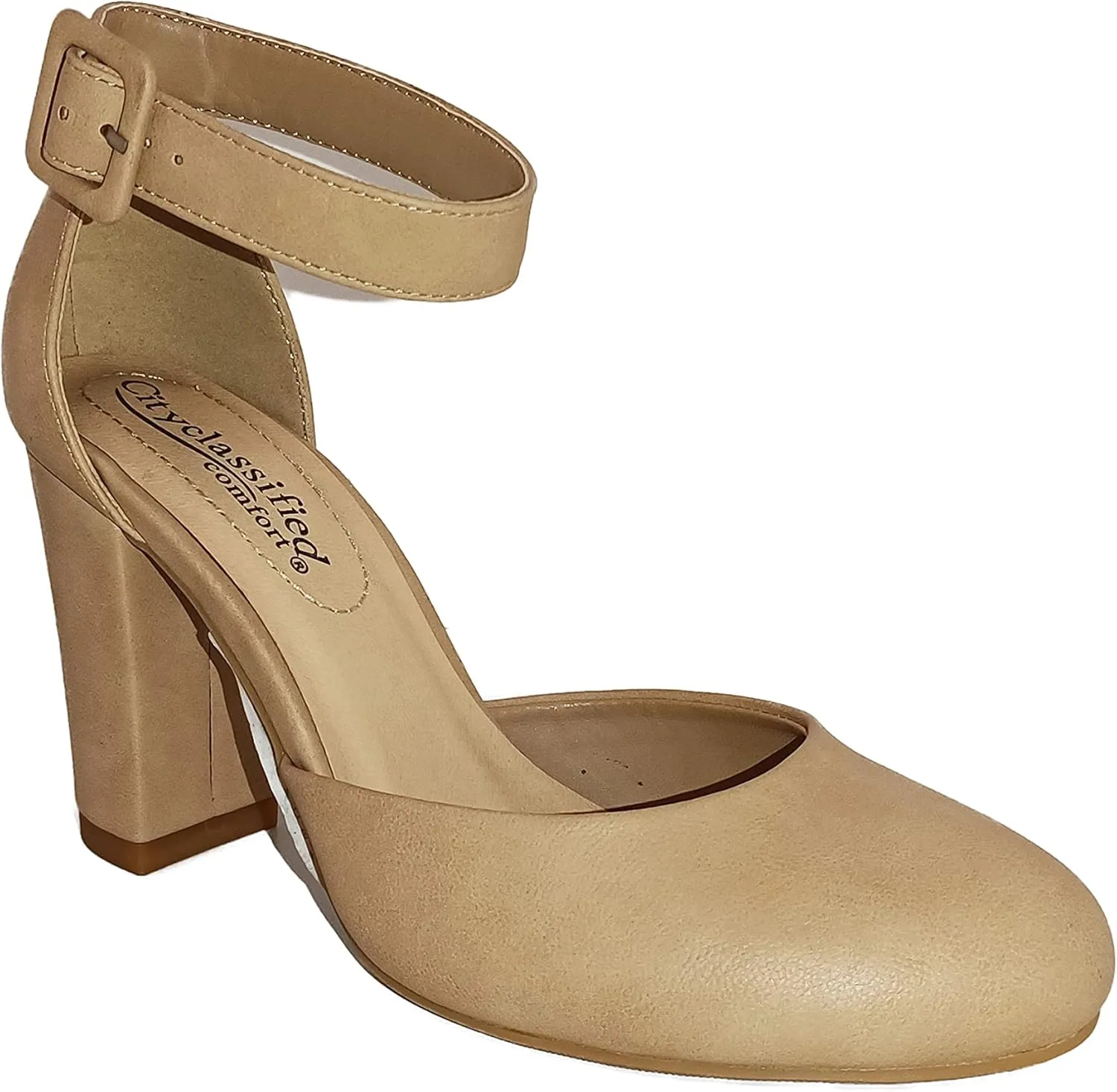 City Classified Women's Comfort Foam Closed Toe Dress Pump Ankle Strap Block Heel