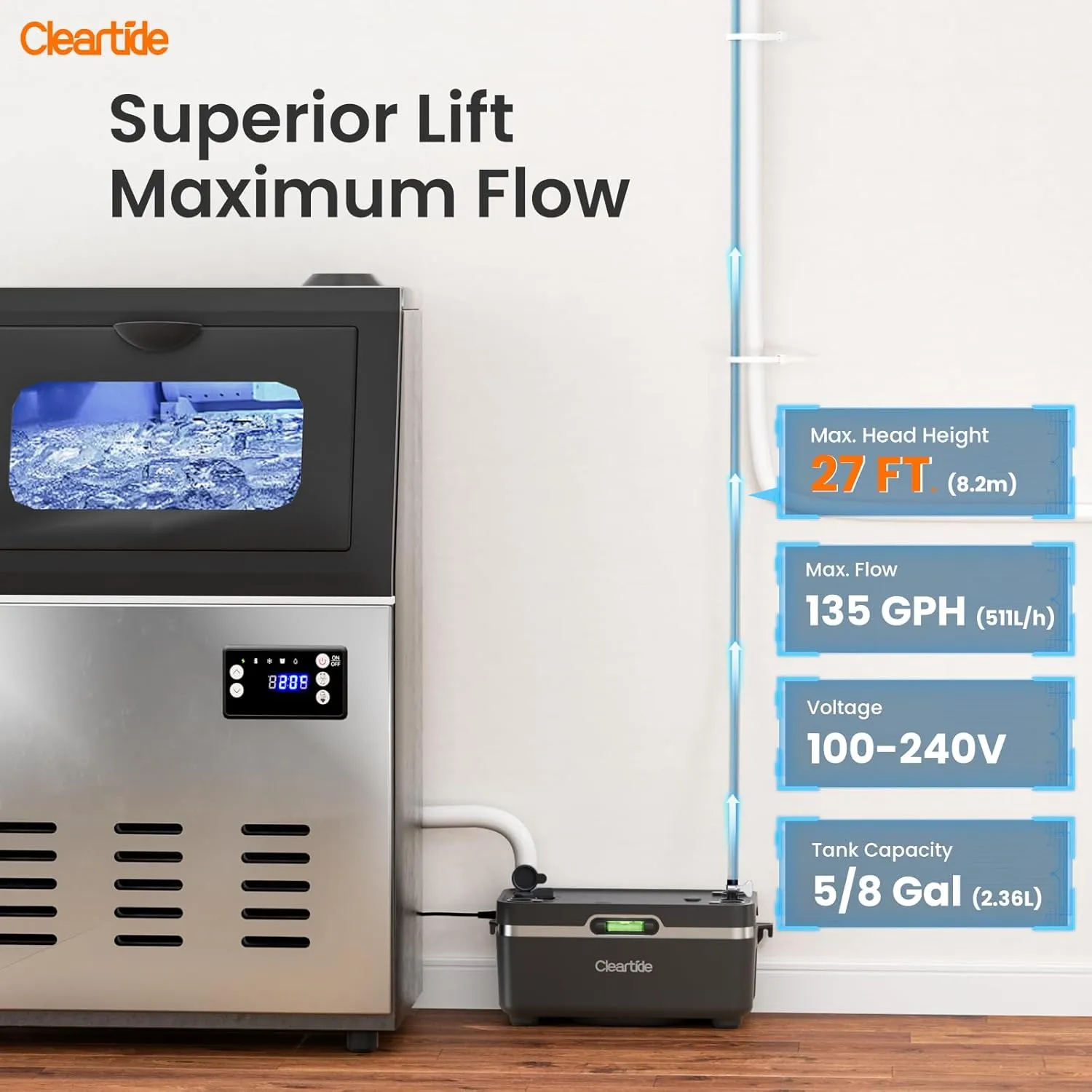 Cleartide Condensate HVAC Pump, Ultra-Quiet 25dB, 1/30 HP 135 GPH, Automatic Condensate Removal Pump with Safety Switch for Air Conditioner/Furnace/Dehumidifier/Ice Machine, 100-240V, 27ft Head Height