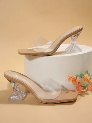 CM-SHS016904 Women Trendy Seoul Style Clear Sculptural Heeled Mule Sandals - Apricot