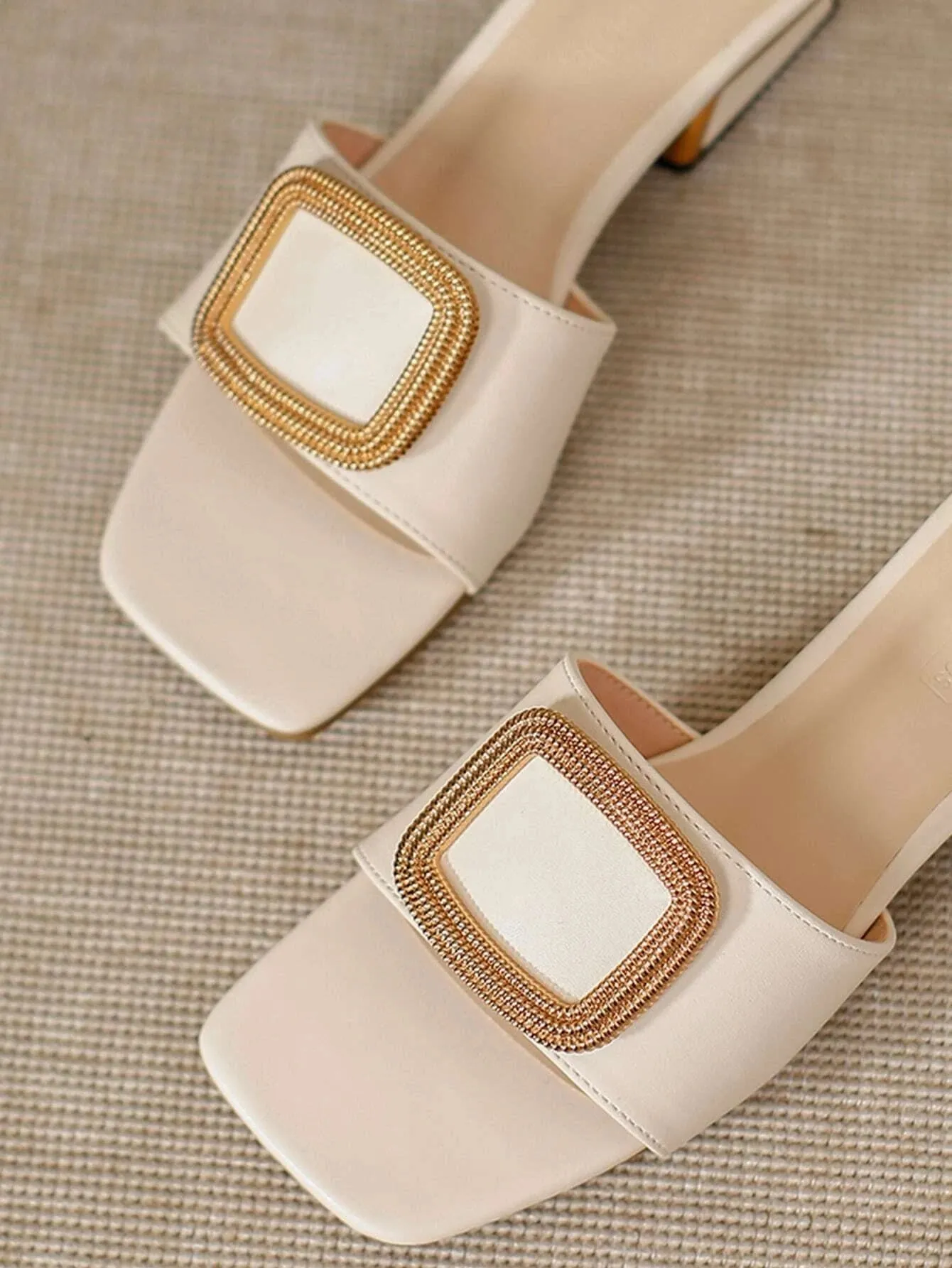 CM-SHS049398 Women Trendy Seoul Style Metal Decor Chunky Heeled Mule Sandals - Apricot