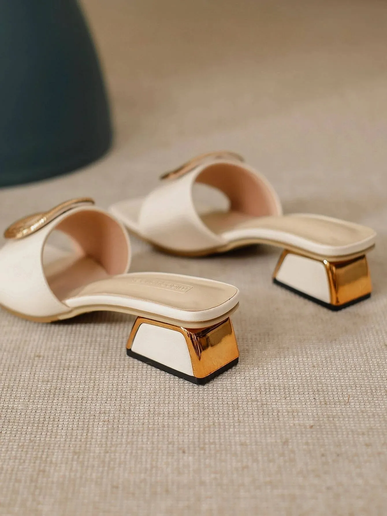 CM-SHS049398 Women Trendy Seoul Style Metal Decor Chunky Heeled Mule Sandals - Apricot