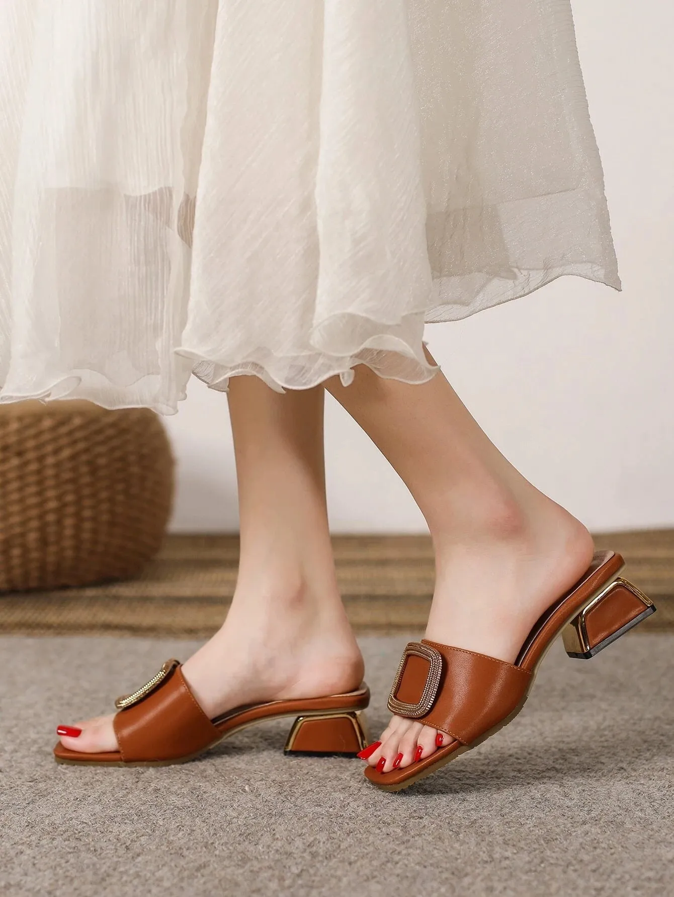 CM-SHS088408 Women Trendy Seoul Style Metal Decor Chunky Heeled Mule Sandals - Brown