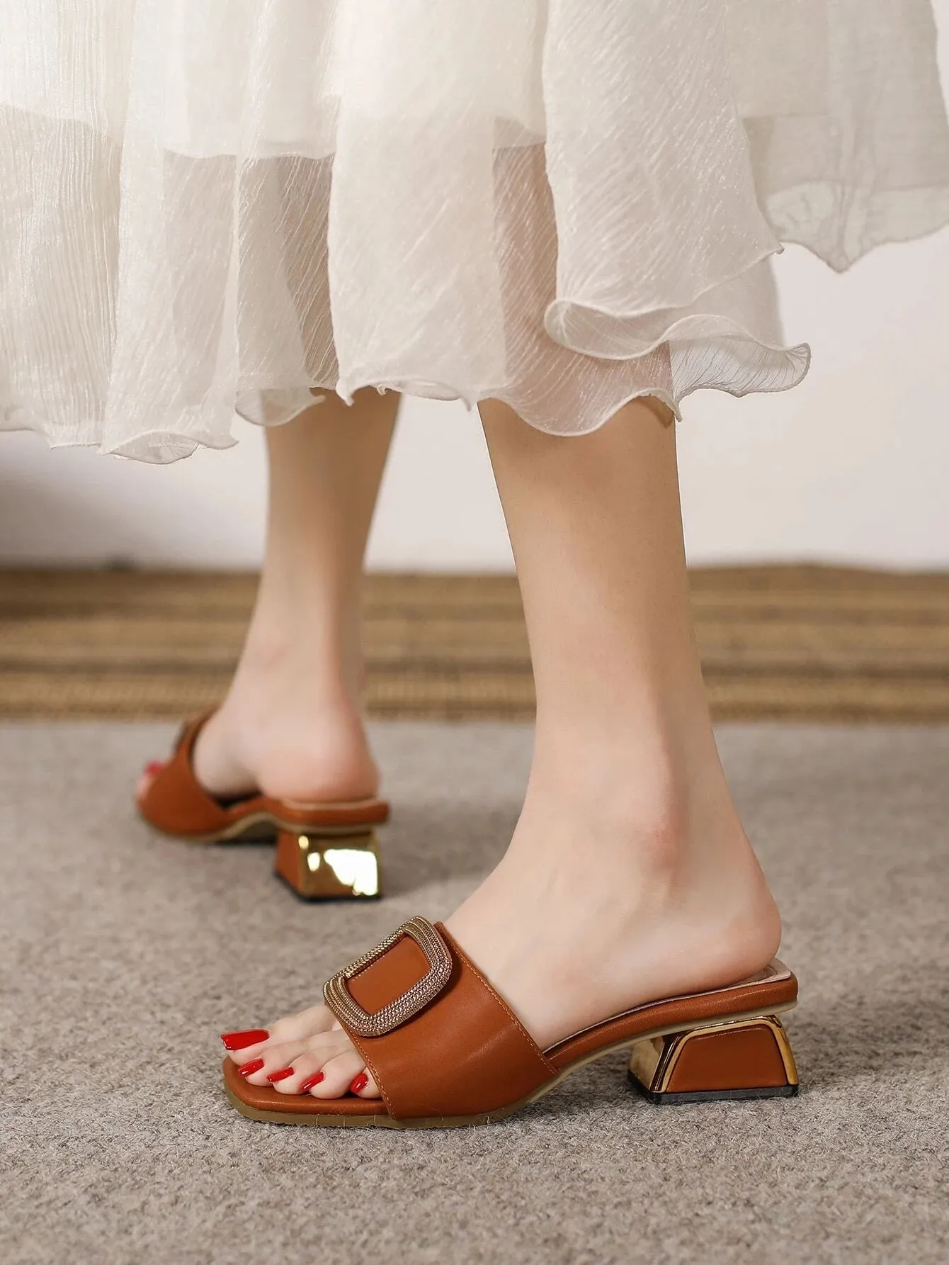 CM-SHS088408 Women Trendy Seoul Style Metal Decor Chunky Heeled Mule Sandals - Brown