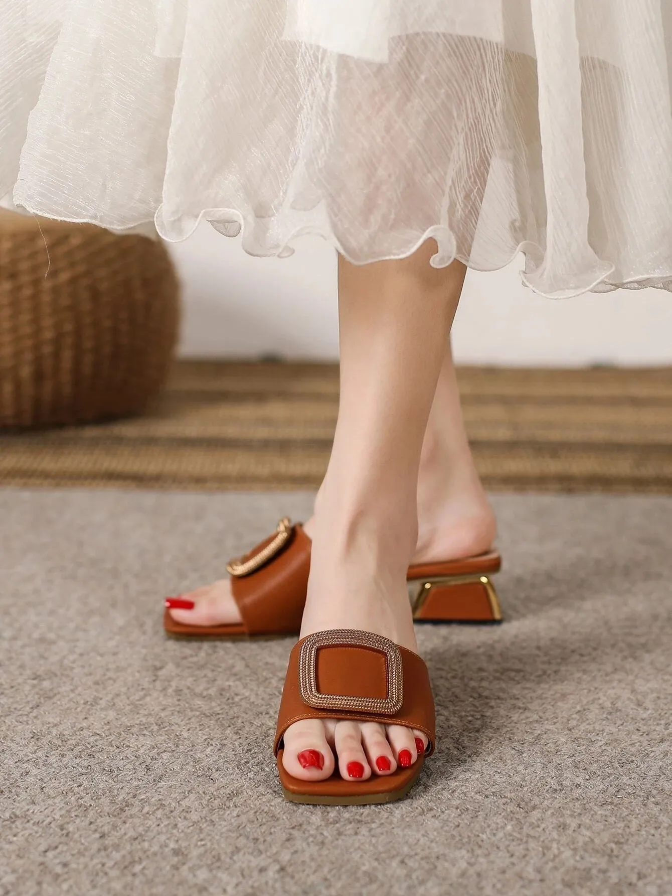 CM-SHS088408 Women Trendy Seoul Style Metal Decor Chunky Heeled Mule Sandals - Brown
