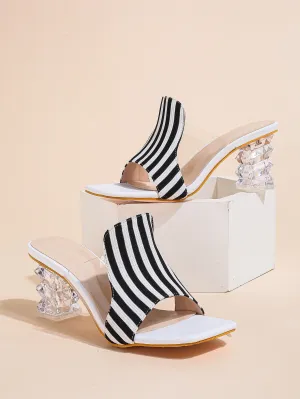 CM-SHS111611 Women Casual Seoul Style Striped Pattern Sculptural Heeled Mule Sandals