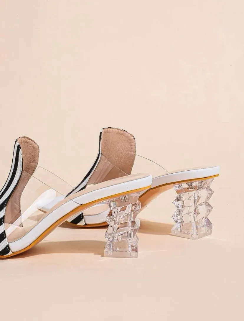 CM-SHS111611 Women Casual Seoul Style Striped Pattern Sculptural Heeled Mule Sandals