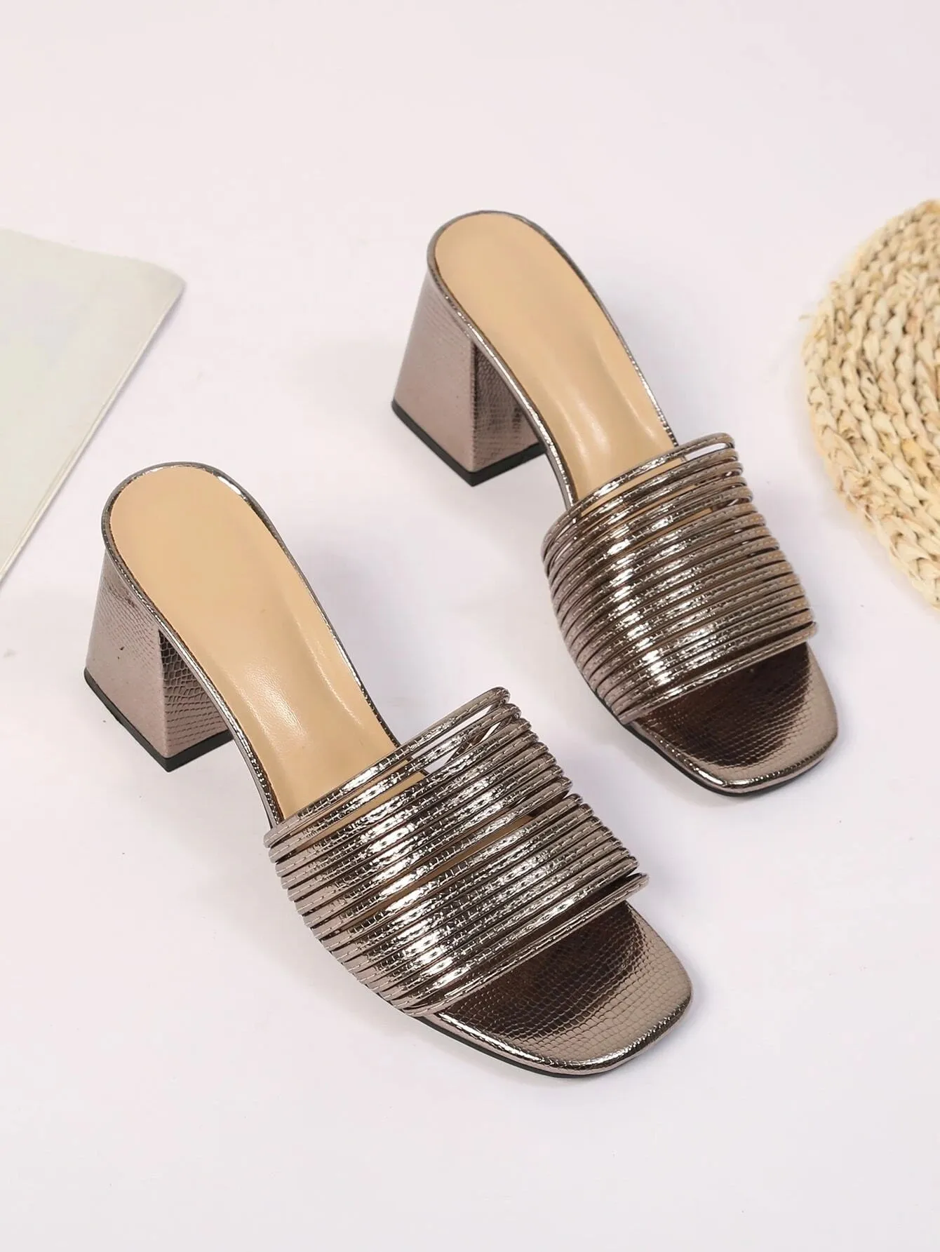 CM-SHS279472 Women Trendy Seoul Style Metallic Chunky Heeled Mule Sandals - Bronze