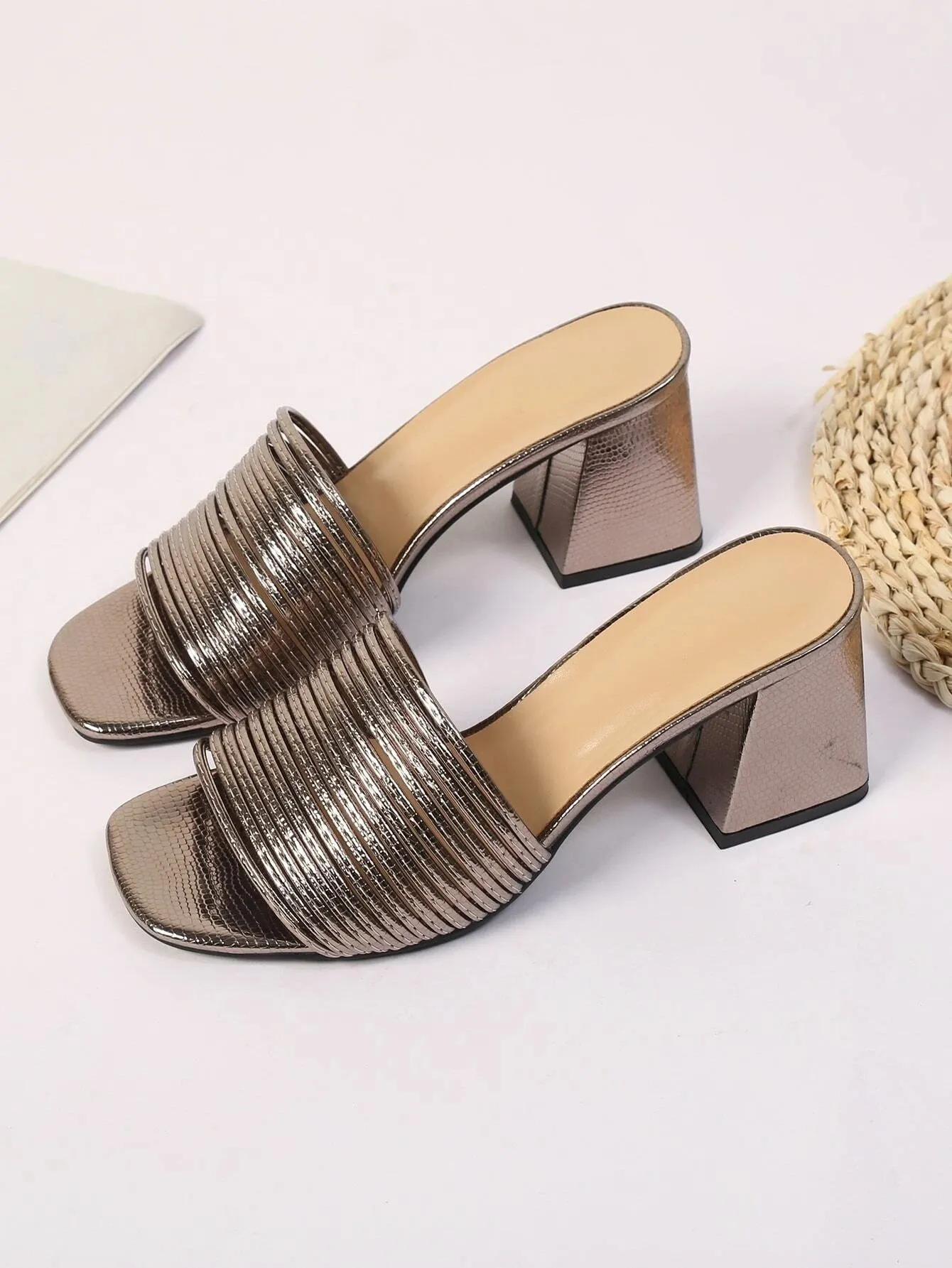 CM-SHS279472 Women Trendy Seoul Style Metallic Chunky Heeled Mule Sandals - Bronze