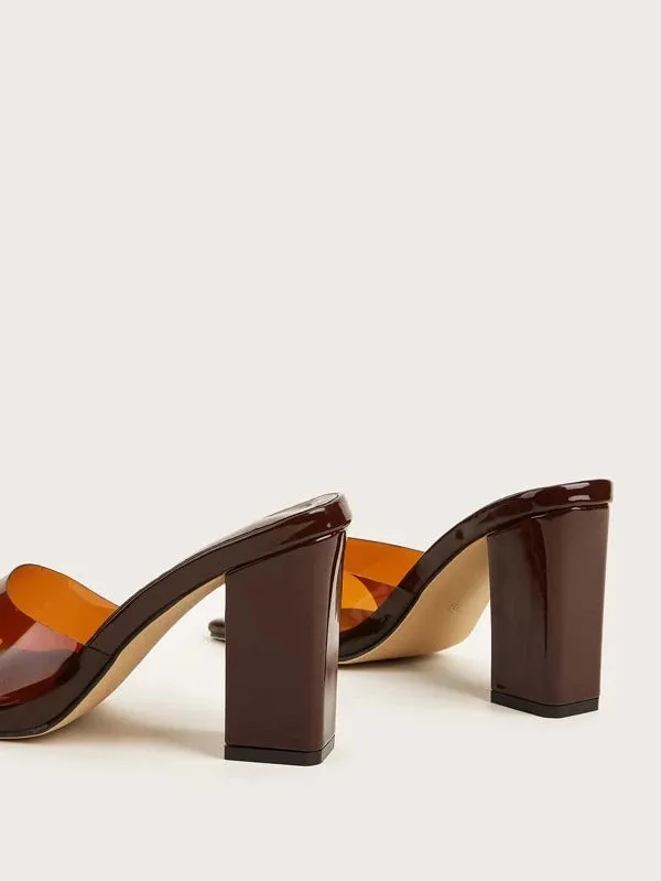 CM-SHS284459 Women Trendy Seoul Style Minimalist Chunky Heeled Mule Sandals - Brown