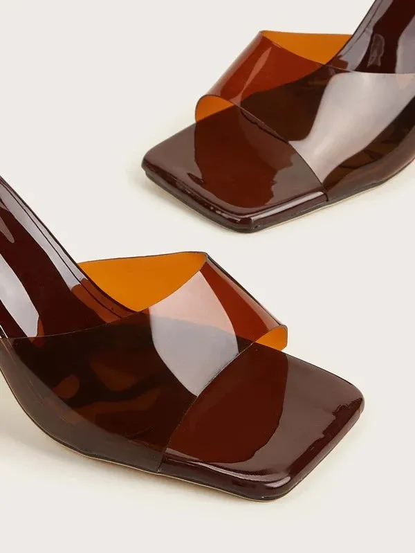 CM-SHS284459 Women Trendy Seoul Style Minimalist Chunky Heeled Mule Sandals - Brown