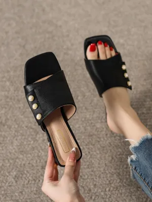 CM-SHS322346 Women Trendy Seoul Style Faux Pearl Decor Chunky Heeled Mule Sandals - Black