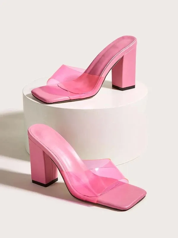 CM-SHS378181 Women Trendy Seoul Style Minimalist Chunky Heeled Mule Sandals - Pink
