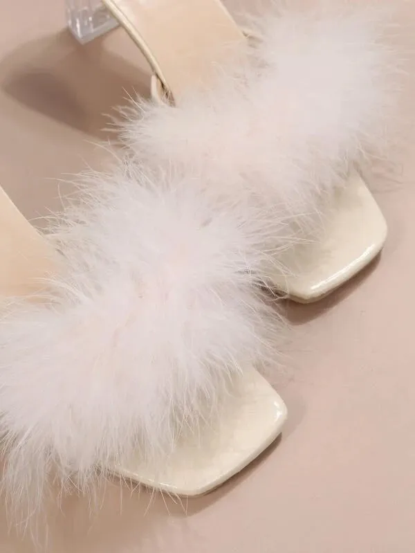 CM-SHS401384 Women Trendy Seoul Style Fuzzy Panel Clear Chunky Heeled Mule Sandals - White