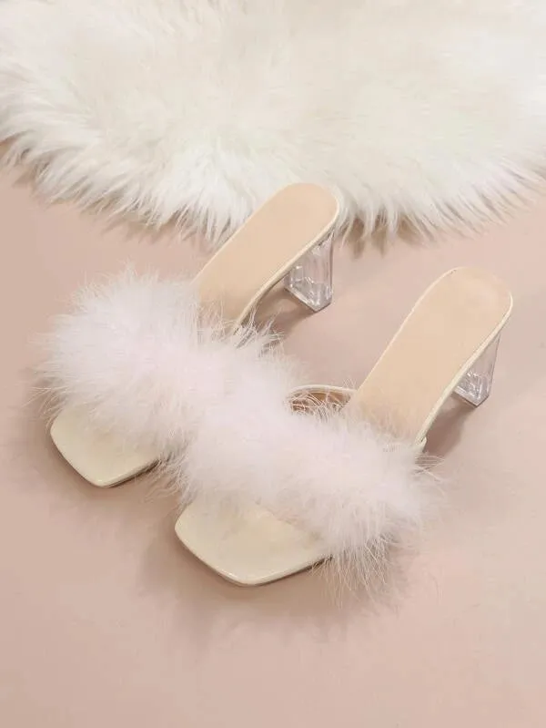 CM-SHS401384 Women Trendy Seoul Style Fuzzy Panel Clear Chunky Heeled Mule Sandals - White