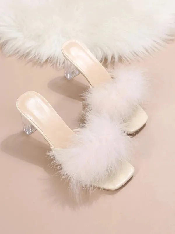 CM-SHS401384 Women Trendy Seoul Style Fuzzy Panel Clear Chunky Heeled Mule Sandals - White