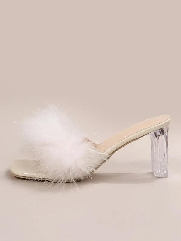 CM-SHS401384 Women Trendy Seoul Style Fuzzy Panel Clear Chunky Heeled Mule Sandals - White