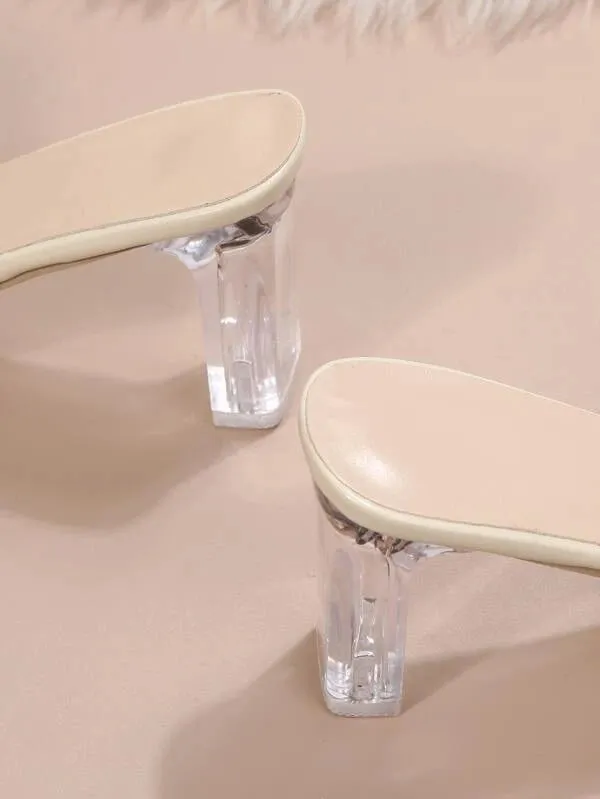 CM-SHS401384 Women Trendy Seoul Style Fuzzy Panel Clear Chunky Heeled Mule Sandals - White