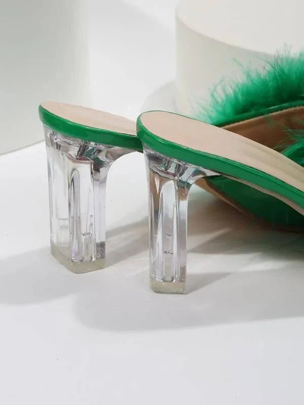 CM-SHS420282 Women Trendy Seoul Style Fuzzy Panel Clear Chunky Heeled Mule Sandals - Green