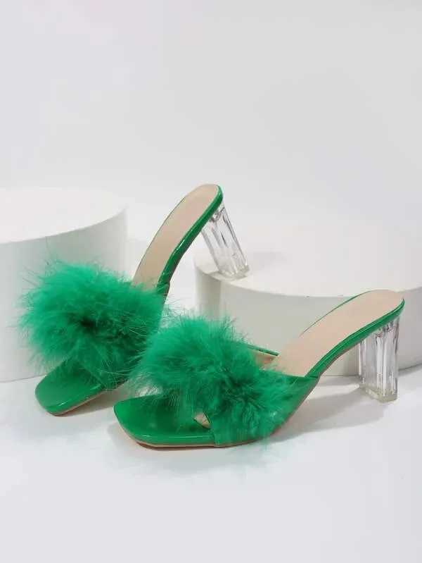 CM-SHS420282 Women Trendy Seoul Style Fuzzy Panel Clear Chunky Heeled Mule Sandals - Green