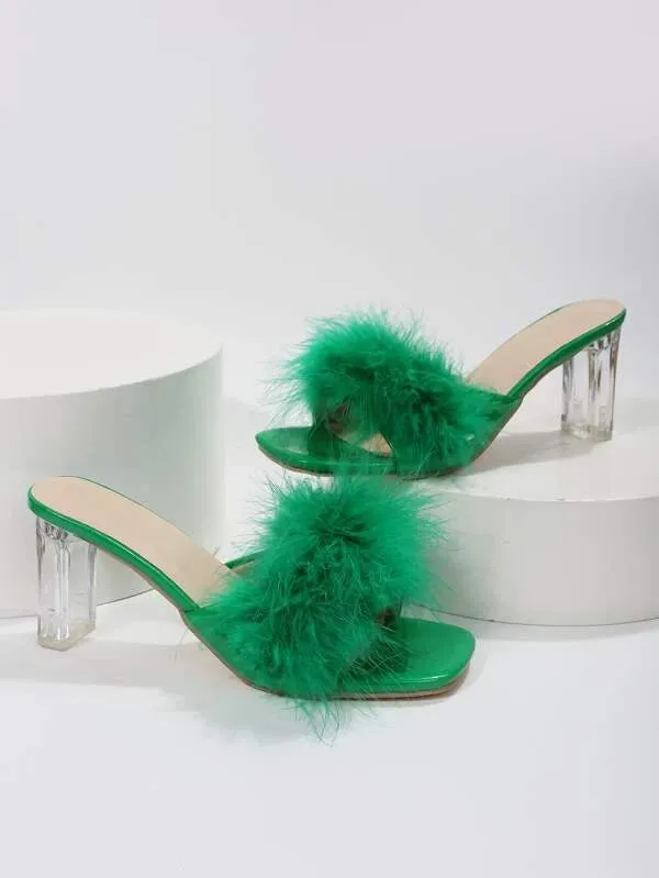 CM-SHS420282 Women Trendy Seoul Style Fuzzy Panel Clear Chunky Heeled Mule Sandals - Green