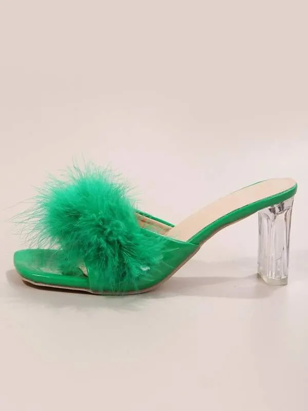 CM-SHS420282 Women Trendy Seoul Style Fuzzy Panel Clear Chunky Heeled Mule Sandals - Green