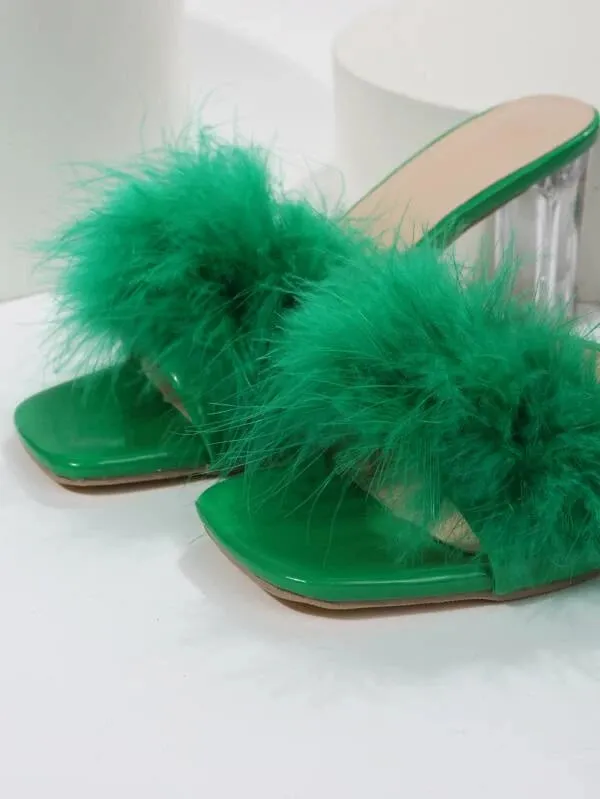 CM-SHS420282 Women Trendy Seoul Style Fuzzy Panel Clear Chunky Heeled Mule Sandals - Green