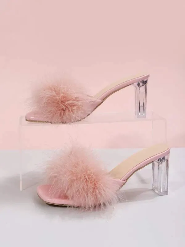 CM-SHS433571 Women Trendy Seoul Style Fuzzy Panel Clear Chunky Heeled Mule Sandals - Pink