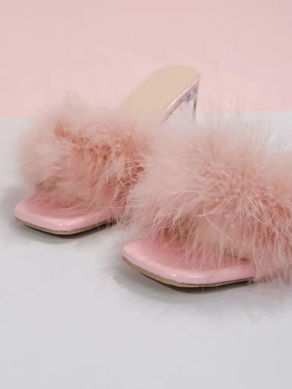 CM-SHS433571 Women Trendy Seoul Style Fuzzy Panel Clear Chunky Heeled Mule Sandals - Pink