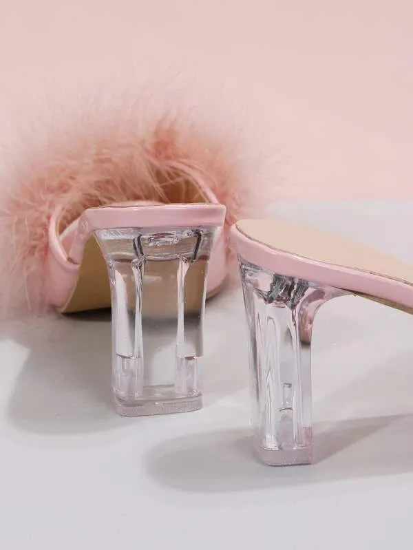 CM-SHS433571 Women Trendy Seoul Style Fuzzy Panel Clear Chunky Heeled Mule Sandals - Pink