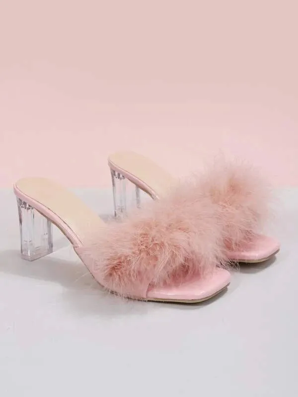 CM-SHS433571 Women Trendy Seoul Style Fuzzy Panel Clear Chunky Heeled Mule Sandals - Pink