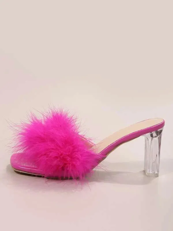 CM-SHS443899 Women Trendy Seoul Style Fuzzy Panel Clear Chunky Heeled Mule Sandals - Hot Pink
