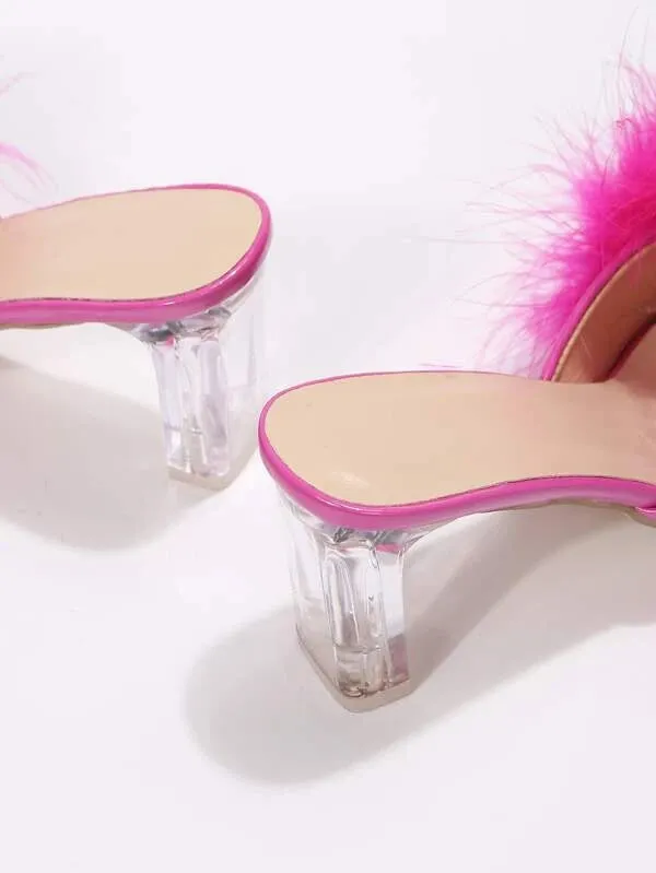CM-SHS443899 Women Trendy Seoul Style Fuzzy Panel Clear Chunky Heeled Mule Sandals - Hot Pink